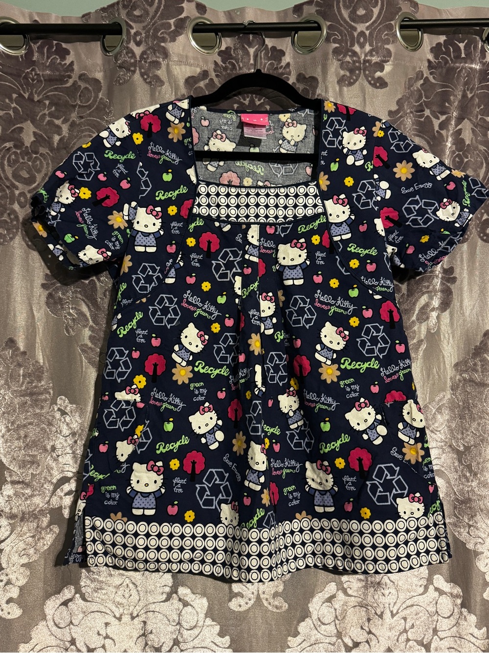 Hello Kitty Scrub Navy Top with Multicolor Floral & Character Print